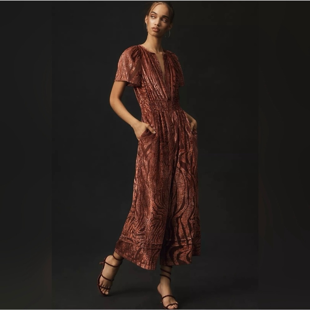 Anthropologie Somerset Jumpsuit Velvet Burnout Edition Sz Med Wide Leg Rust